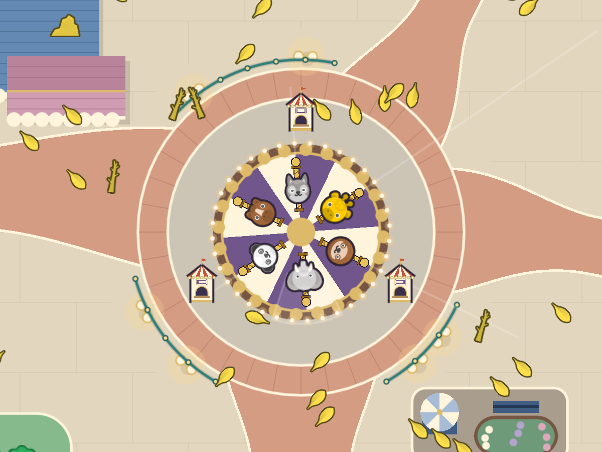 The carousel from above with a Wolf, Giraffe, Sloth and Horse on it.