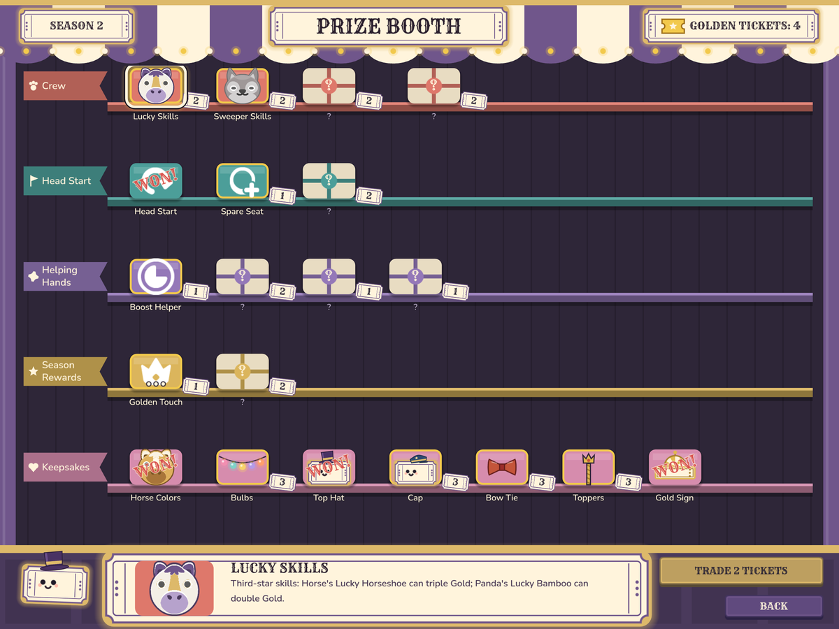 The Prize Booth: shelves of prizes to buy with Golden Tickets, from new crew skills to keepsakes, one of them described at the bottom.